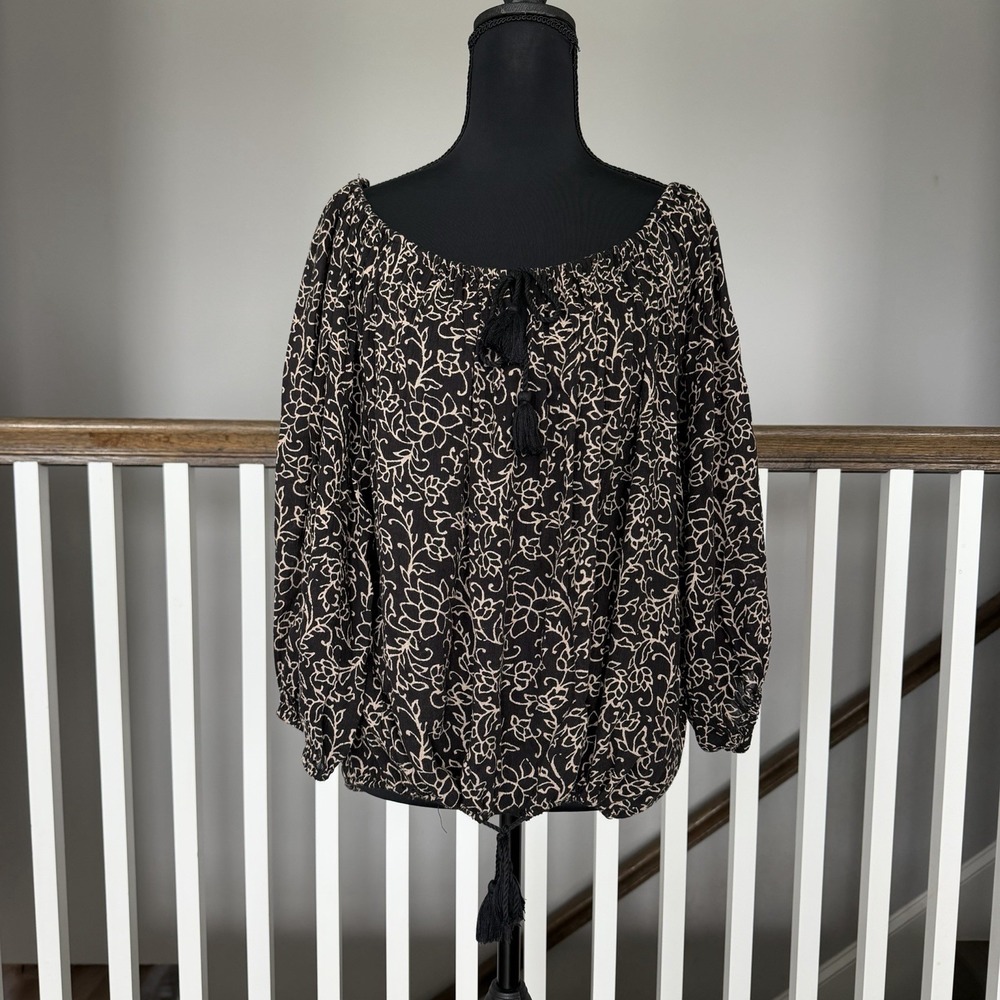 DENIM & SUPPLY Ralph Lauren Womens XS Boho Black Beige Peasant Blouse Top Floral